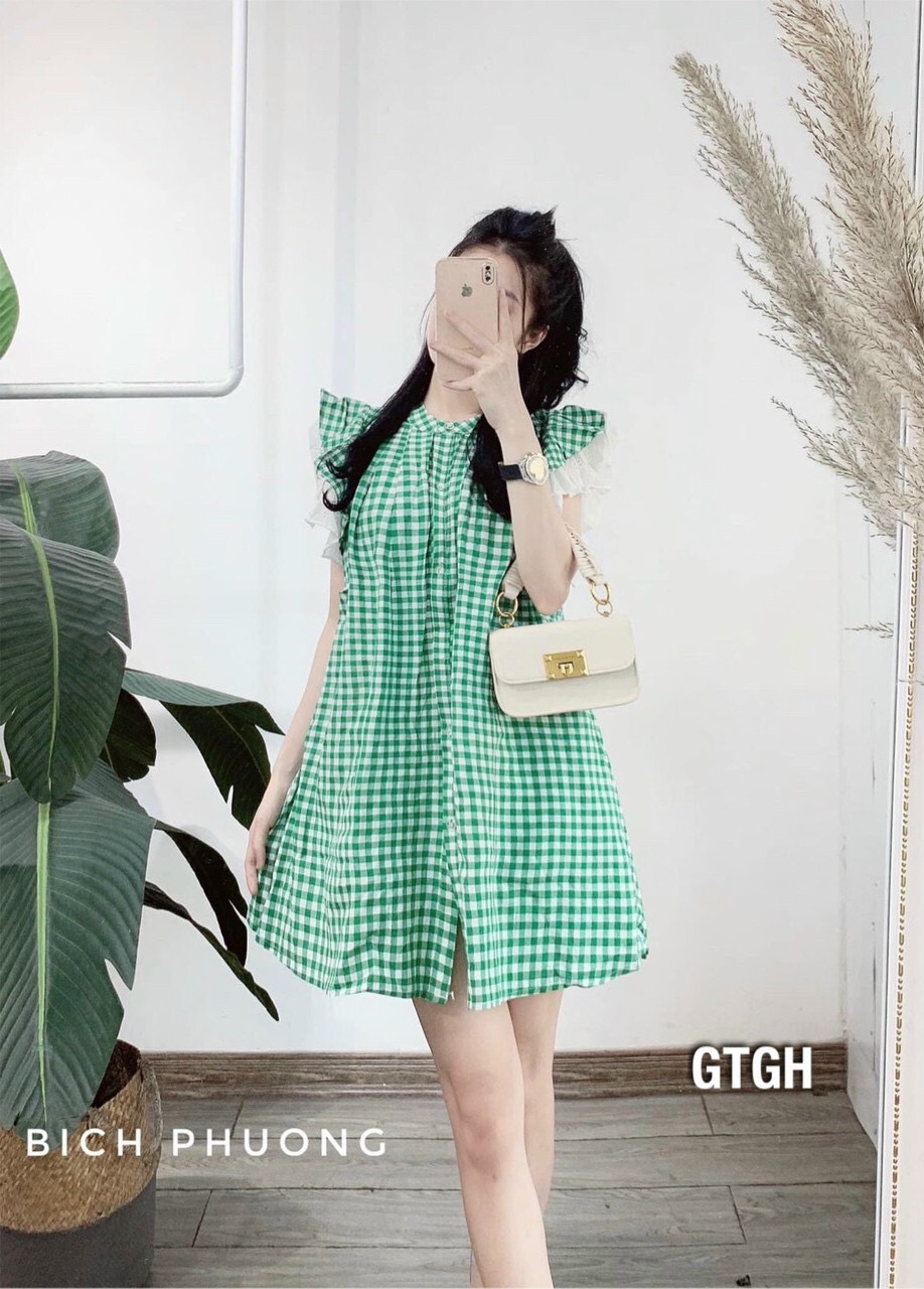 Váy kẻ caro xanh tay bồng bẹt vai, đầm babydoll kẻ caro xanh lá