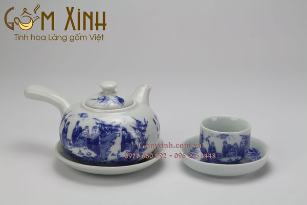 Bộ ấm chén Bát Tràng quai ngang men lam cổ