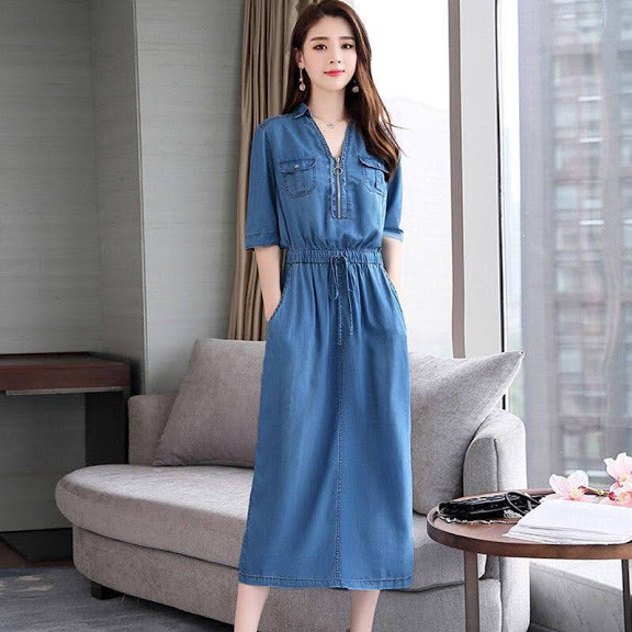 [HCM]ĐẦM JEAN CỔ SƠ MI 2 TÚI