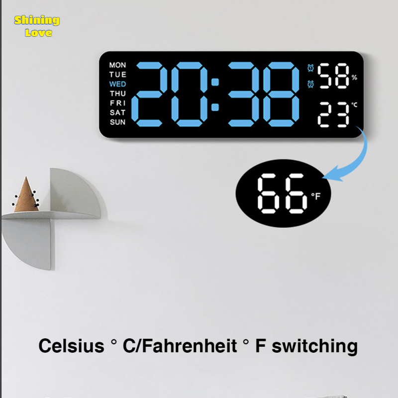 ShiningLove Digital Clock LED Electronic Alarm Clock, Date, Time, Week, Temperature, And Humidity Display, Modern Desk And Wall Clock, For Bedroom, Living Room And Office