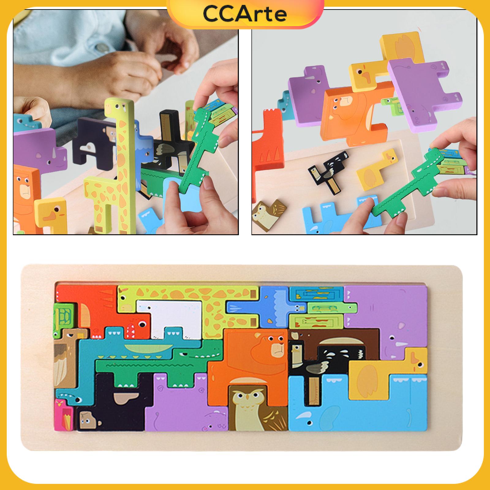 CCArte Wooden Puzzle for Kids Early Learning Building Blocks for Ages 3 4 5 6 Preschool Animal Theme Brain Games Color Shape Cognition