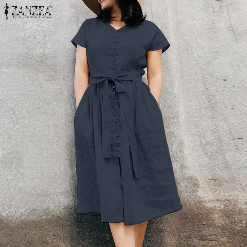 ZANZEA%20Women's%20Dresses%20Vintage%20Casual%20Cotton%20Linen%20Short%20Sleeve%20V-Neck%20Belted%20Plain%20Loose%20Midi%20Dress%20-%20Image%203