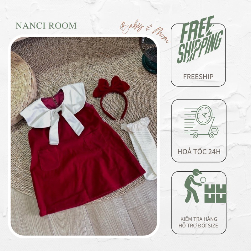 Váy đỏ nhung cổ nơ em bé nanci room
