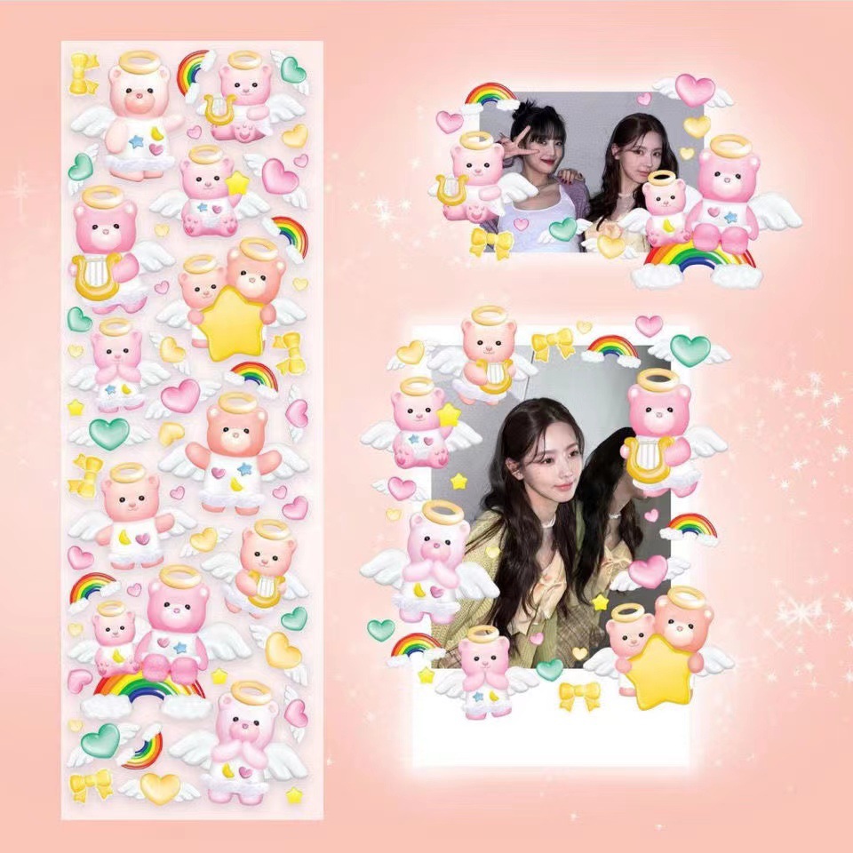 Tấm sticker gấu thiên thần decor toploader, trang trí