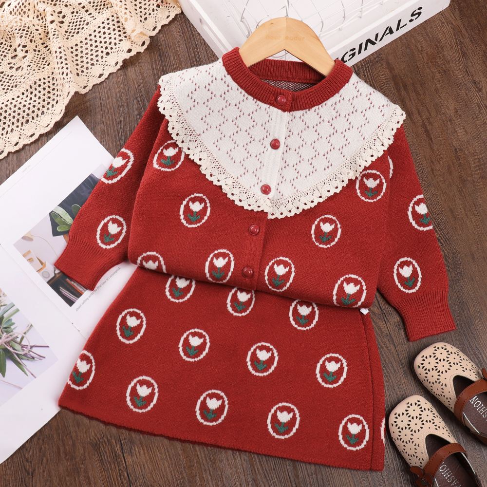 Bear Leader Girls' Sweater 2023 Winter New Long Sleeve Tulip Printed Lace Panel Knitted Top+Tulip Printed Skirt Set