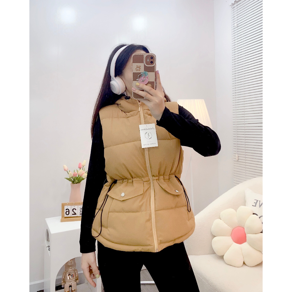 Áo phao gile nữ có mũ dây rút eo
