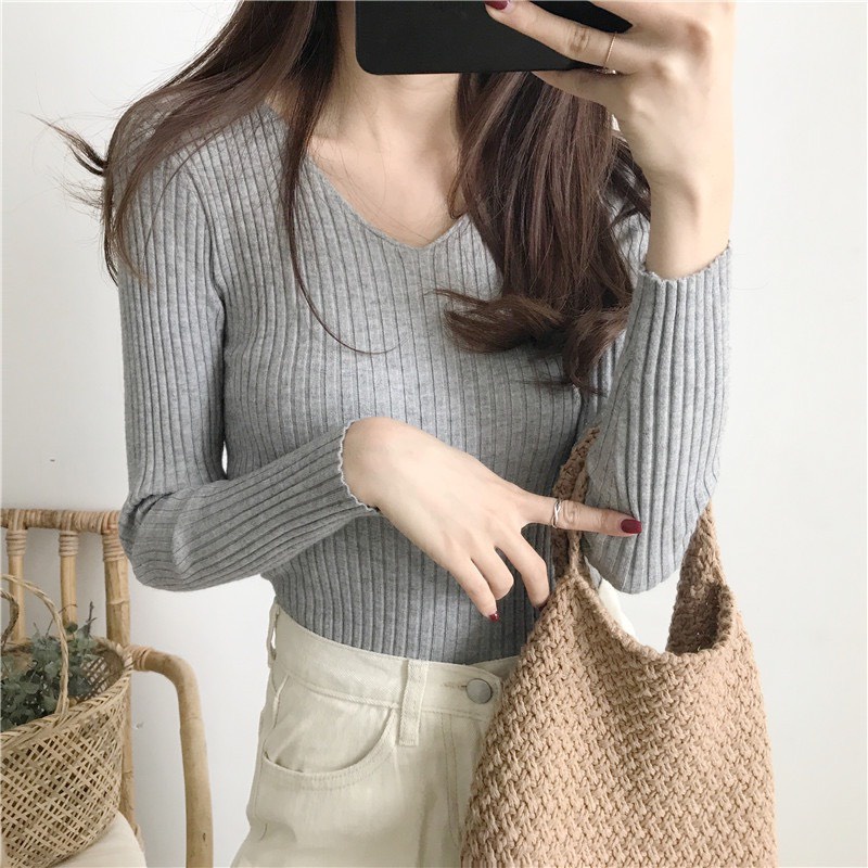 Áo len tăm tay dài ôm dáng siêu mềm hàng quảng châu ❤ áo len lông cừu cổ tim mềm mại