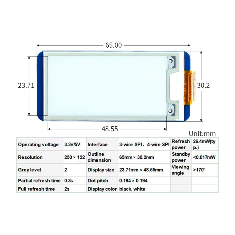 Waveshare 2.13Inch E-Ink Display HAT, Black,White Two-Color 250X122 Pixel E-Paper Screen LCD for Raspberry Pi 4B/3B+/3B/2B/Zero