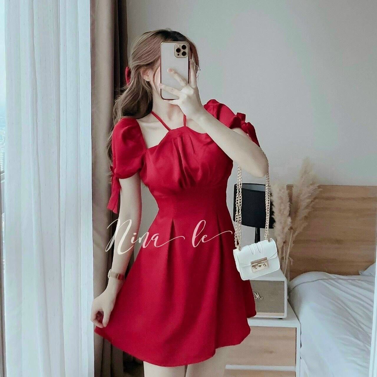 Đầm nữ ngắn kiểu đầm xòe xinh xắn cổ yếm có mút ngực cách điệu tay ngắn cá tính thời trang nữ LANCHI CY80