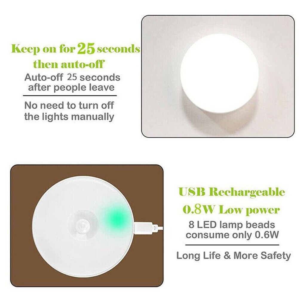 Motion Sensor LED Night Light Body Induction Lamp USB Rechargeable Wall ...