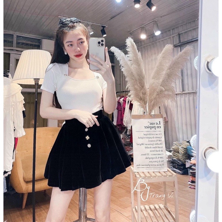 Áo zip cổ vuông đính khuy đá cao cấp