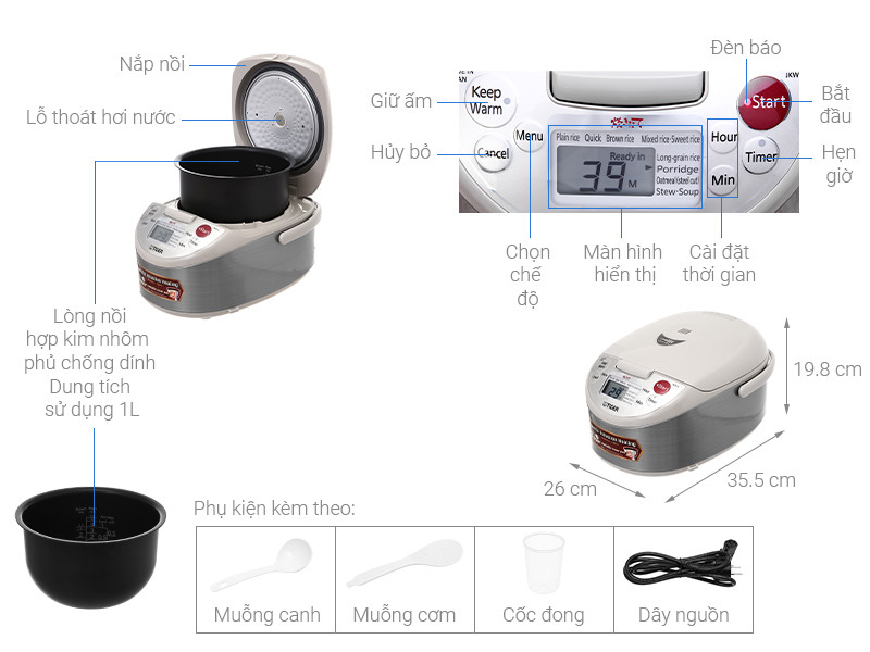 [GIAO TẠI HCM] - Nồi cơm điện cao tần Tiger 1 lít JKW-A10W