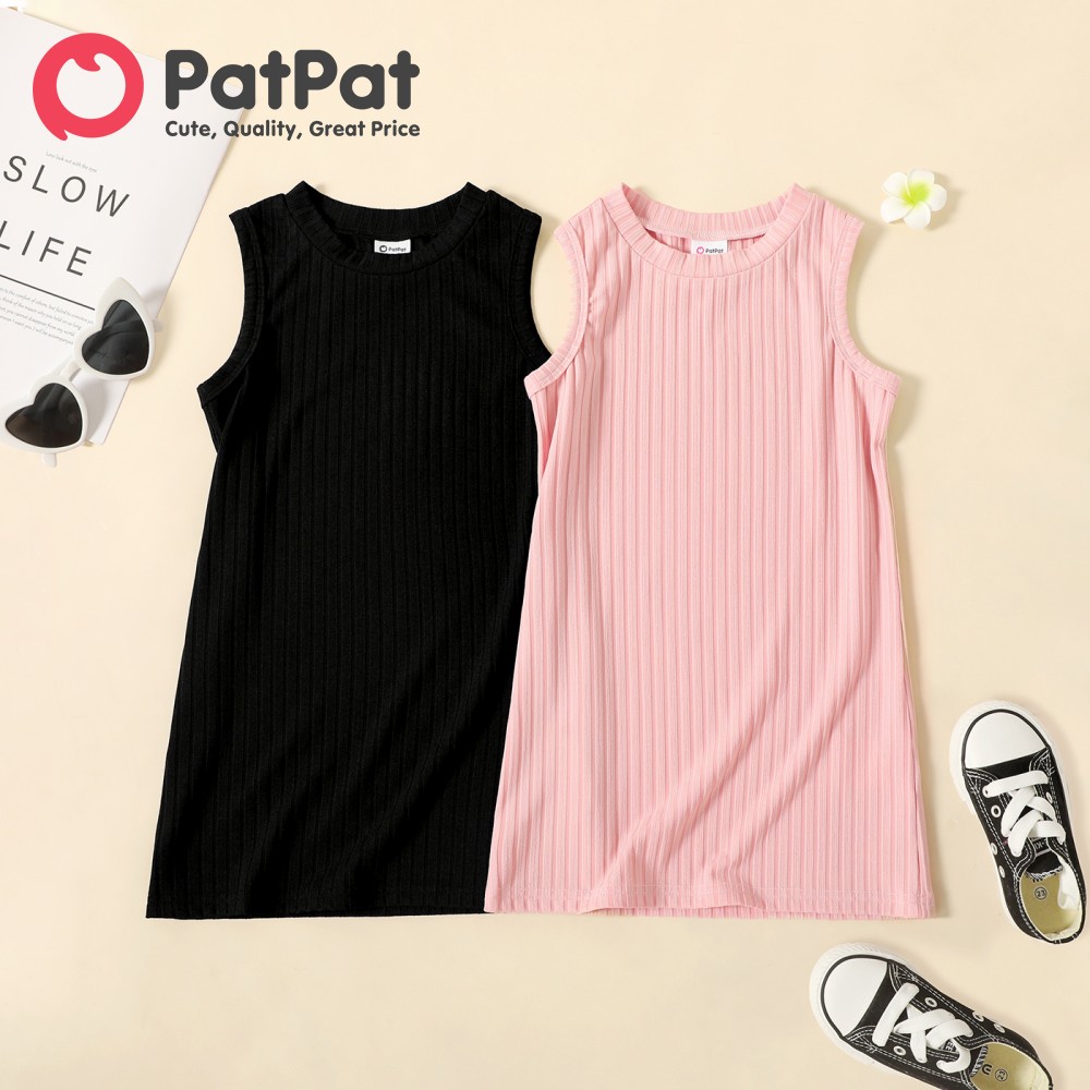 PatPat Girl Dress Toddler Girl Dress Solid Color Ribbed Sleeveless Dress