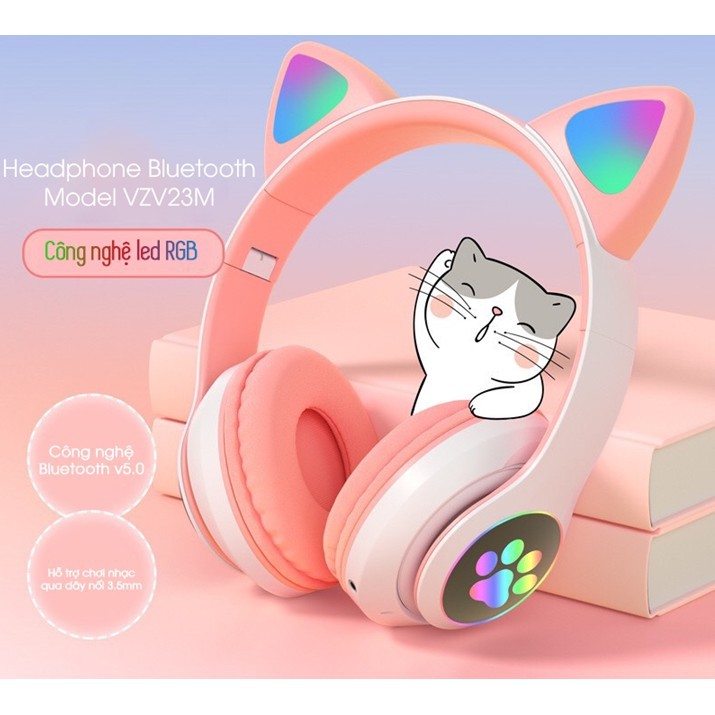 Tai Nghe Bluetooth Tai Mèo VZV- 23M đèn led – Kết nối bluetooth 5.0 mẫu mới Có Micro Chơi Game, Học Online, Nghe Nhạc HIFI. Headphone Máy Tính Không Dây -