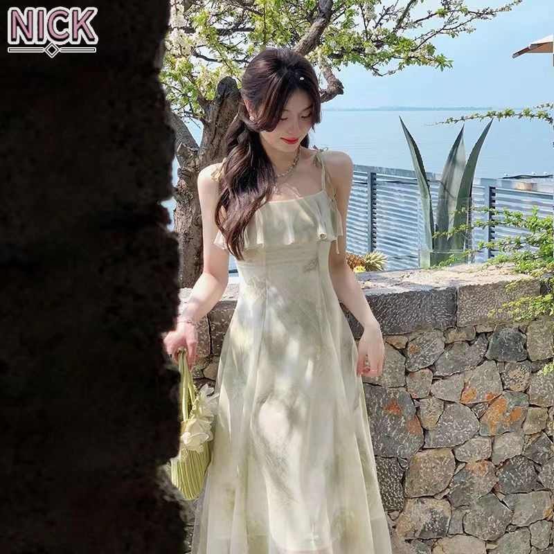 NICK Sling maxi Xù Hoa Váy cộc tay