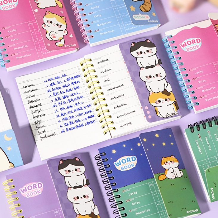 Cdaily|Cute Cat Small Notebook Mini Word Notebook Student English Word Memory Book Coil Small Notebook Portable Notebook Pocket Notebook