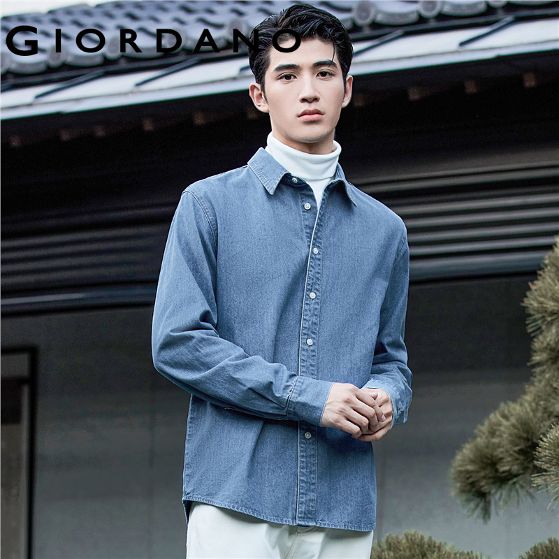 Giordano men shirts long sleeve solid color simple basic denim shirts button closure fashion casual denim shirts 18043608