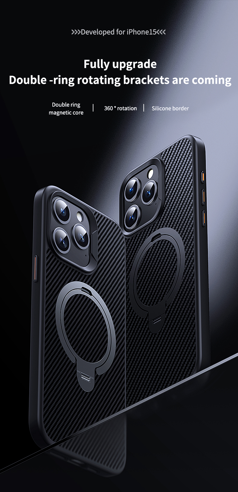 For iphone 15 pro max 14 pro 12 13 pro case double ring magnetic case with 360° rotatable stand carbon fiber aramid fiberslim cover
