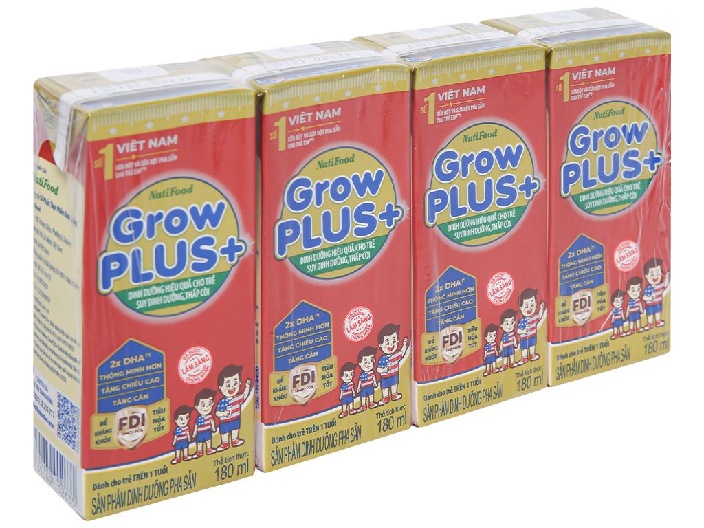 Lốc 4 hộp sữa dinh dưỡng pha sẵn nutifood grow plus đỏ 110ml-180ml