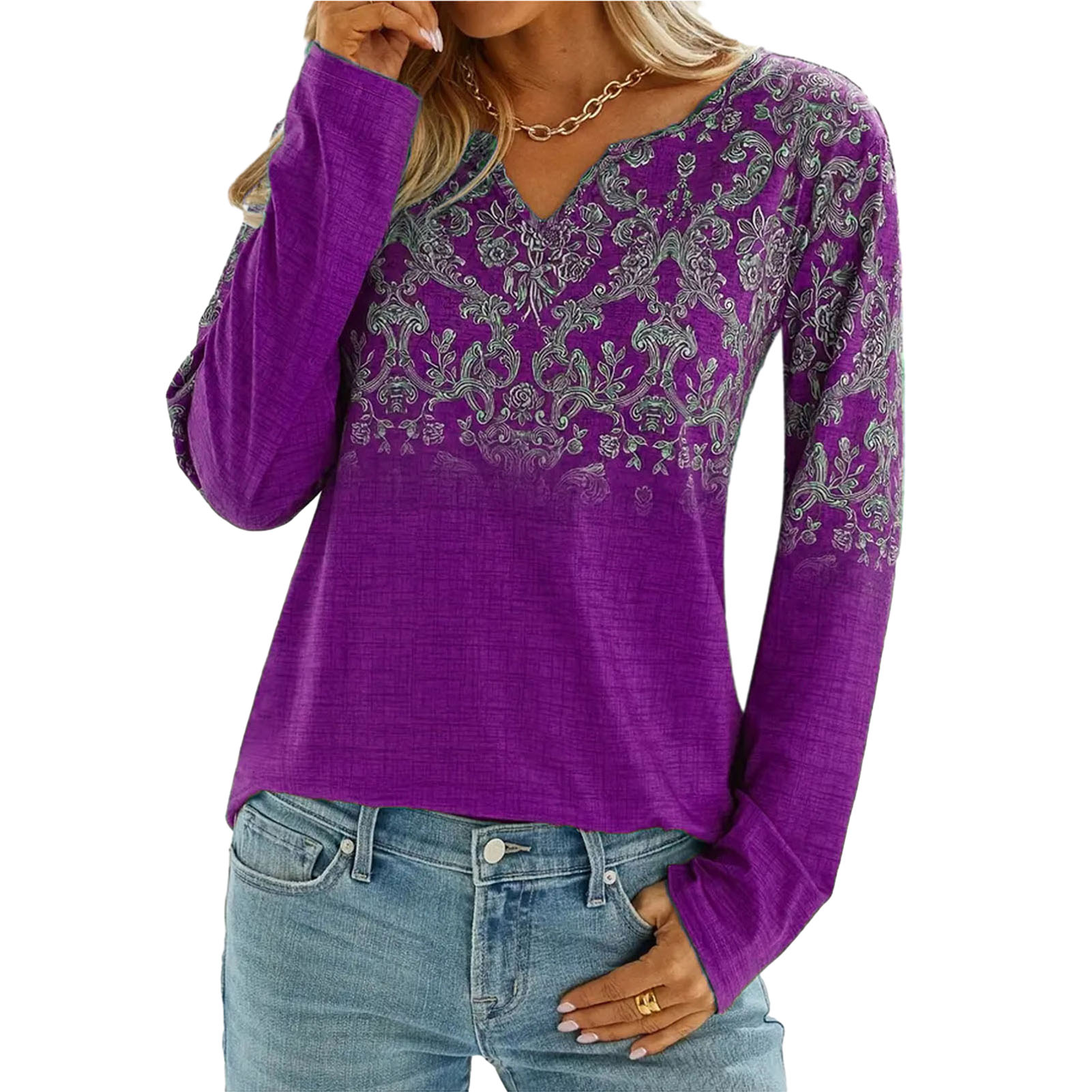Bullker Women Blouse Women Autumn Blouse Ethnic Style Long Sleeve T-shirt for Women Retro Print Loose Fit Pullover less Than