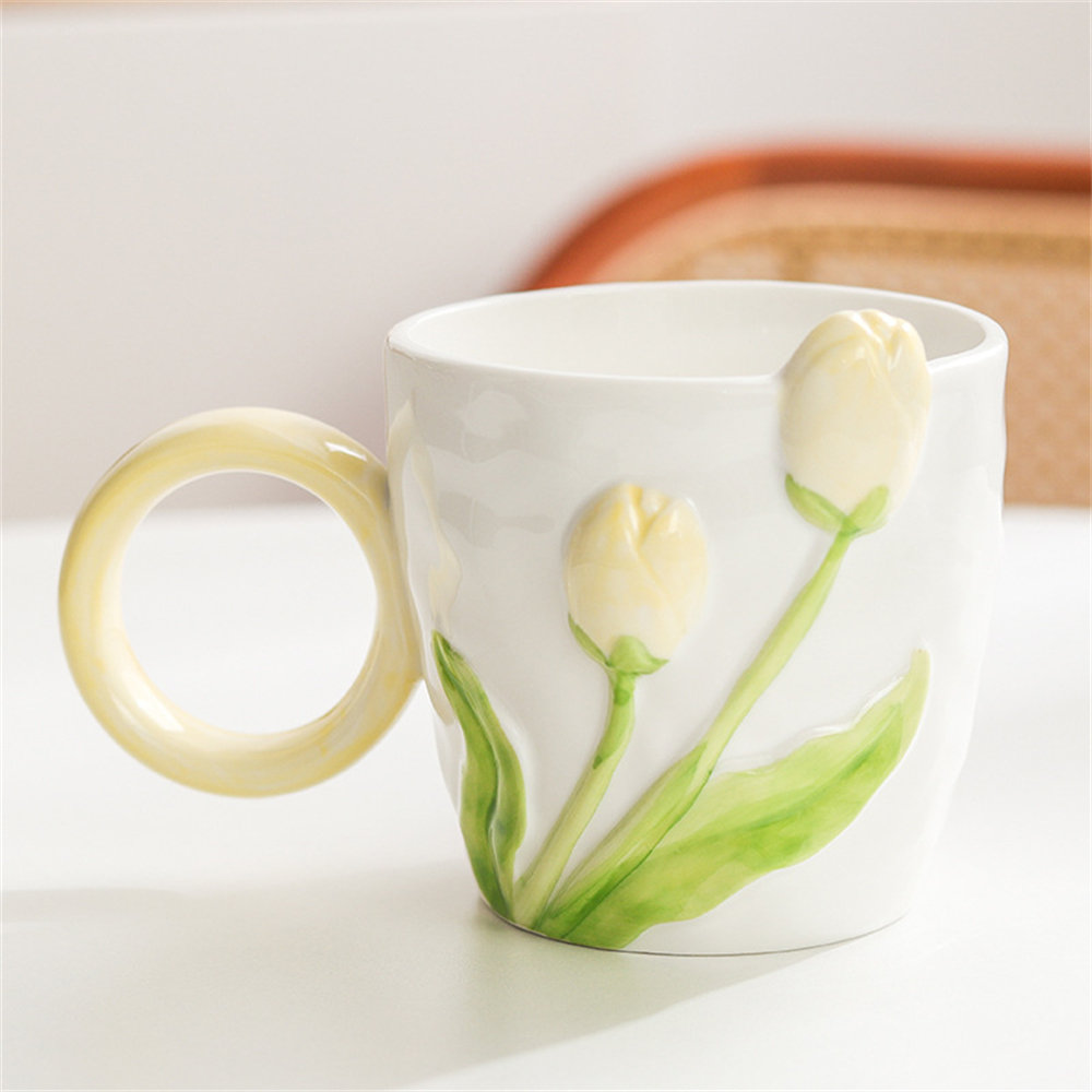 Pearly Life 500ml Stereo Embossed Ceramic Mug Home Elegant Tulip Pattern Design Ceramic Drink Cup High-Looking Mug Niche Ceramic Cup Coffee Cup Beverage Cup