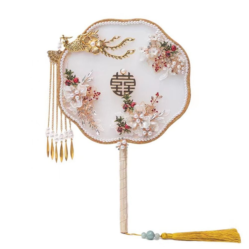 MMLUCK Handmade Phoenix Round Fan Double-sided Long Handle Wedding Fan Luxury Round Chinese Style Bridal Fan Party