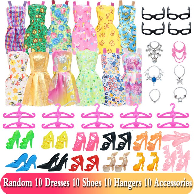 BJDBUS Doll Accessories for Barbie Doll Clothes Mixed Mini Dress Handbags Hangers High Heels Shoes Necklaces Glasses Kids Toy