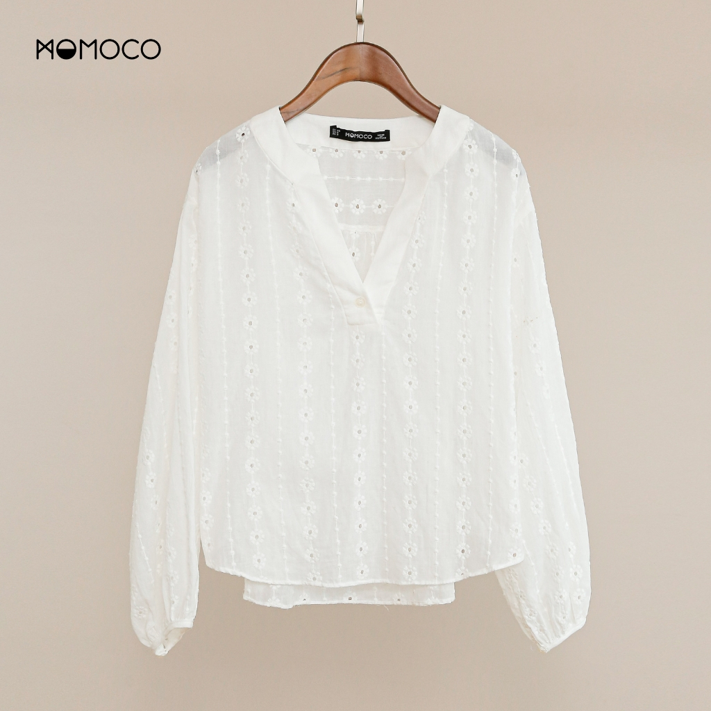 Áo sơ mi nữ momoco tay bồng cổ chữ v chất liệu thô cao cấp điệu đà nữ tính m3096