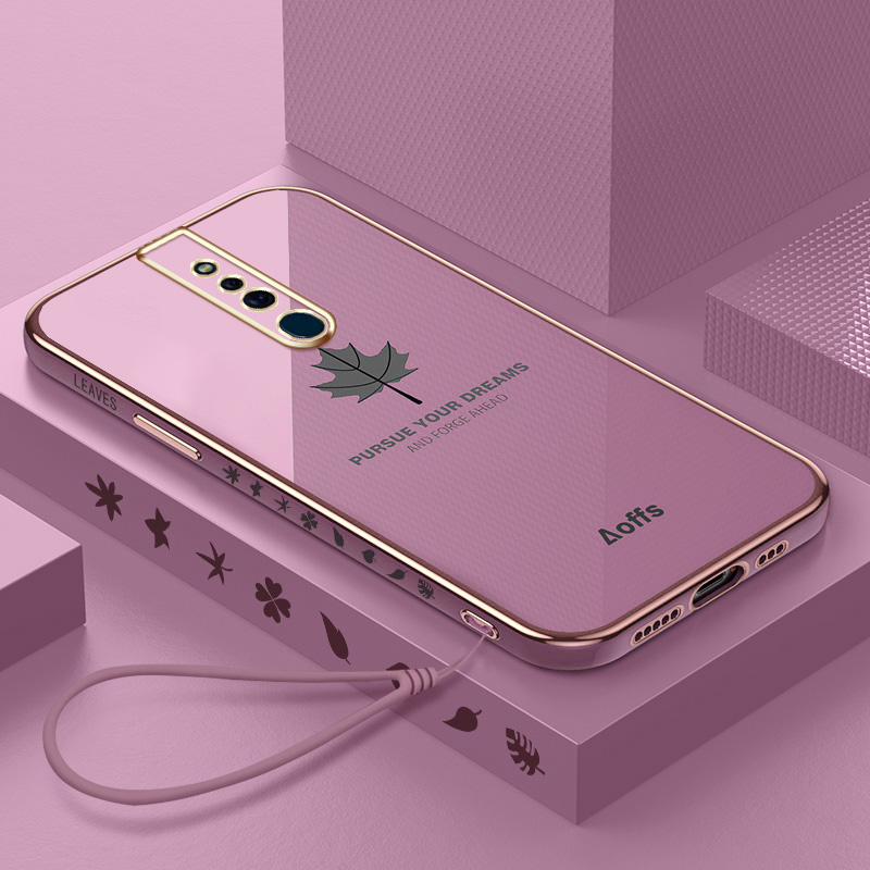 YBD Straight Edge Plating Phone case For OPPO F11 Pro casing,Precise Camera Protection case Maple leaf pattern cover with Free lanyard