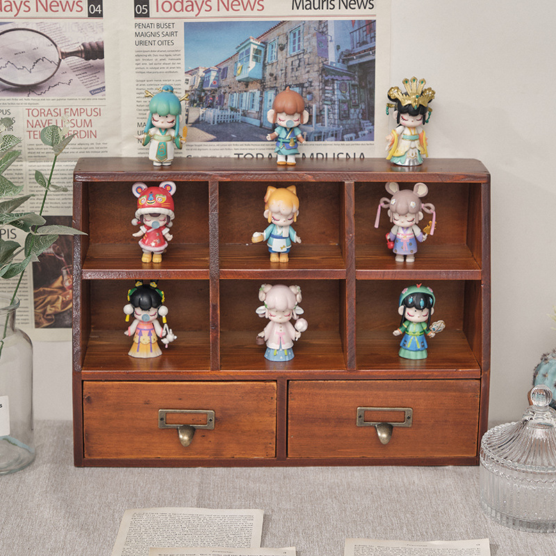 3-compartment 2-drawer retro multi-functional storage box display display cabinet solid wood desktop drawer storage cabinet storage cabinet
