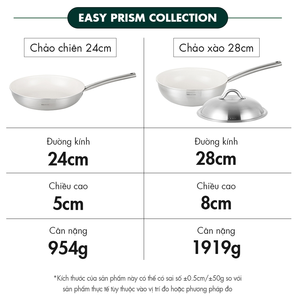 Combo of 2 Edelkochen Easy Prism Stainless Steel Pans - Cream Color (24cm Frying Pan/28Cm Stir-Fry Pan)