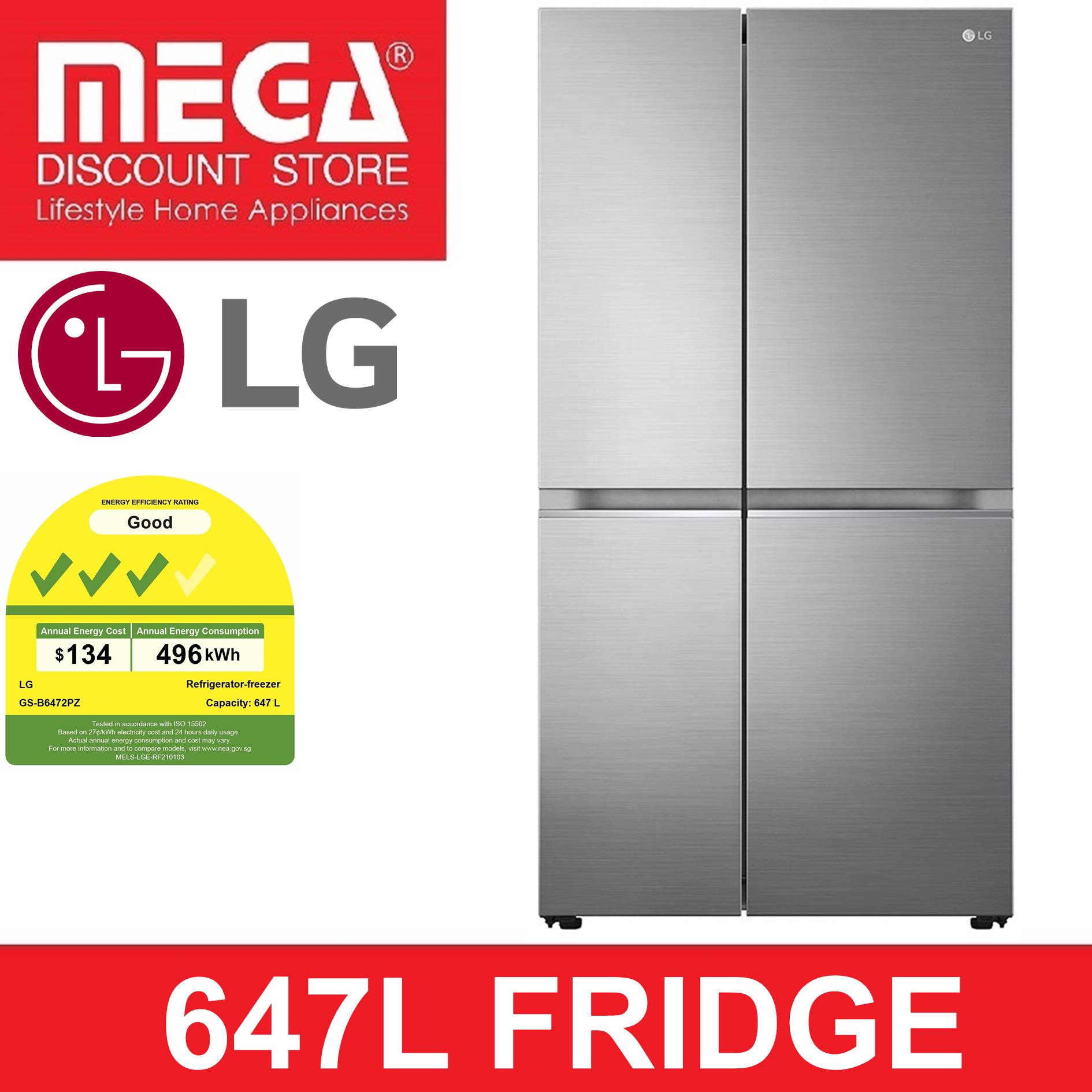 LG GSB6472PZ 647L SIDEBYSIDE FRIDGE ( 3 TICKS) WITH FREE 100
