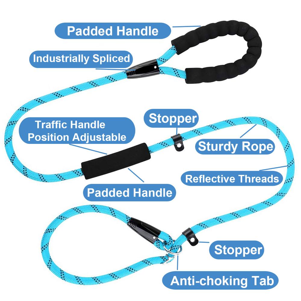 KUANGQIAN 6FT for Medium Large Dogs Comfortable Rope Leash Dog Training Leash Reflective Threads Anti-Choking with Traffic Padded Two Handles Dog Leash Slip Lead