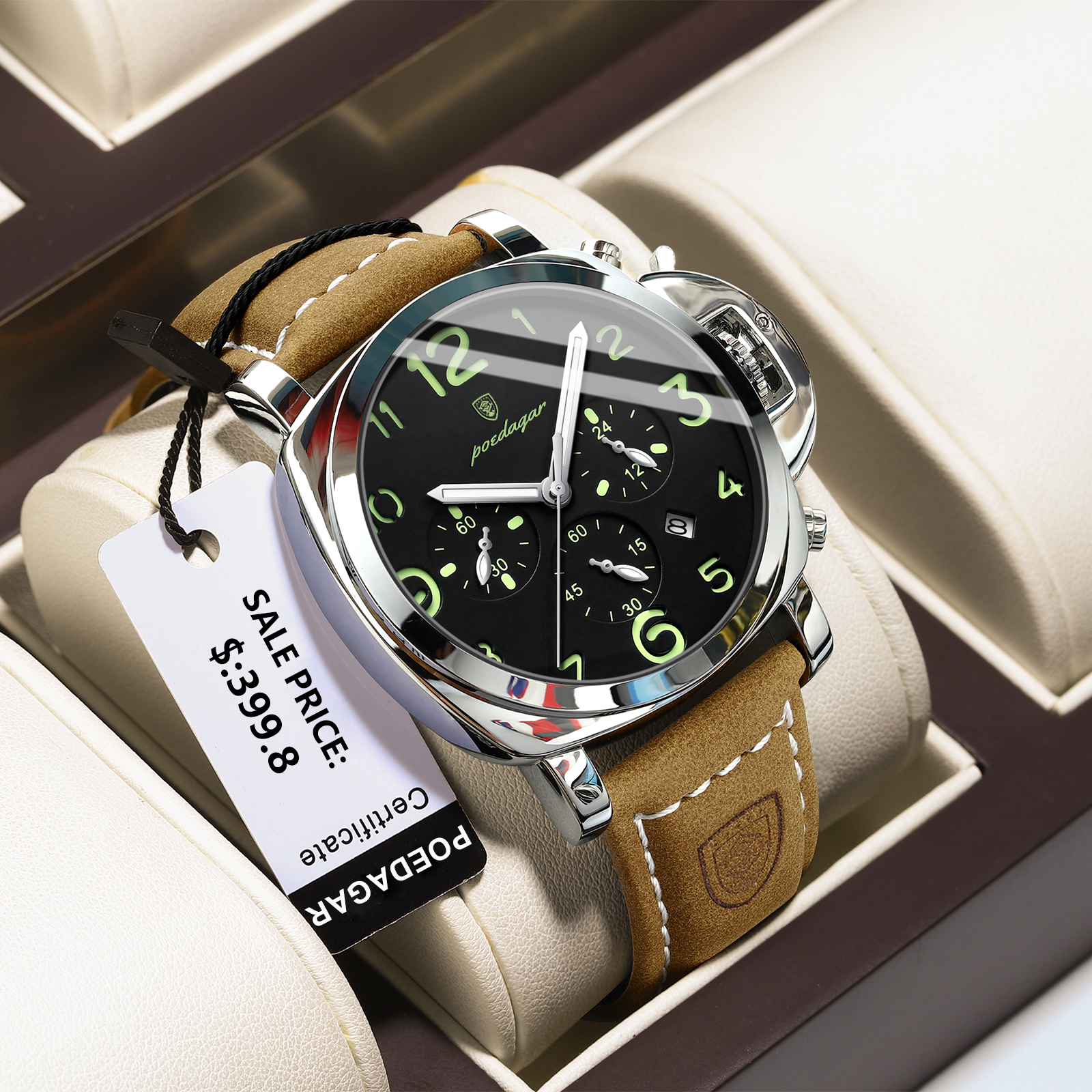 POEDAGAR Luxury Sports Watch for Man Waterproof Luminous Date Chronograph Men Watch Leather Quartz Men's Watches Clock Reloj+box