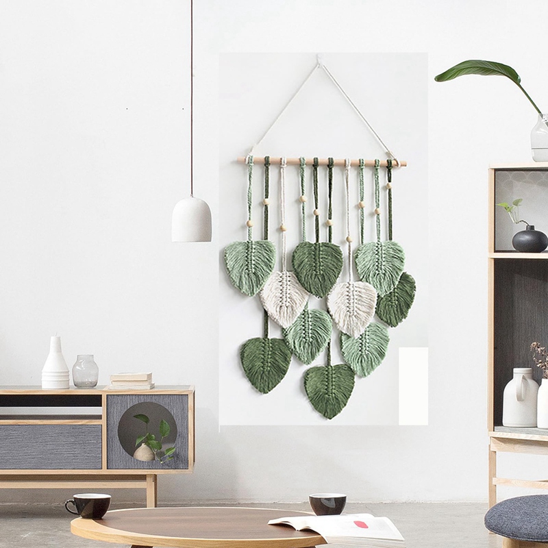 Chic Feather Boho Macrame Wall Decor Handmade Yarn Tassels Woven Wall Art Leaf Tapestry Decoration