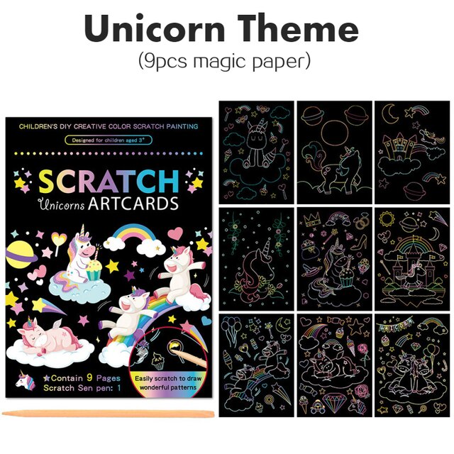 9Pcs/Set Magic Rainbow Color Scratch Art Paper DIY Card Kit Cartoon Dinosaur Unicorn Graffiti Drawing Board Kids Educational