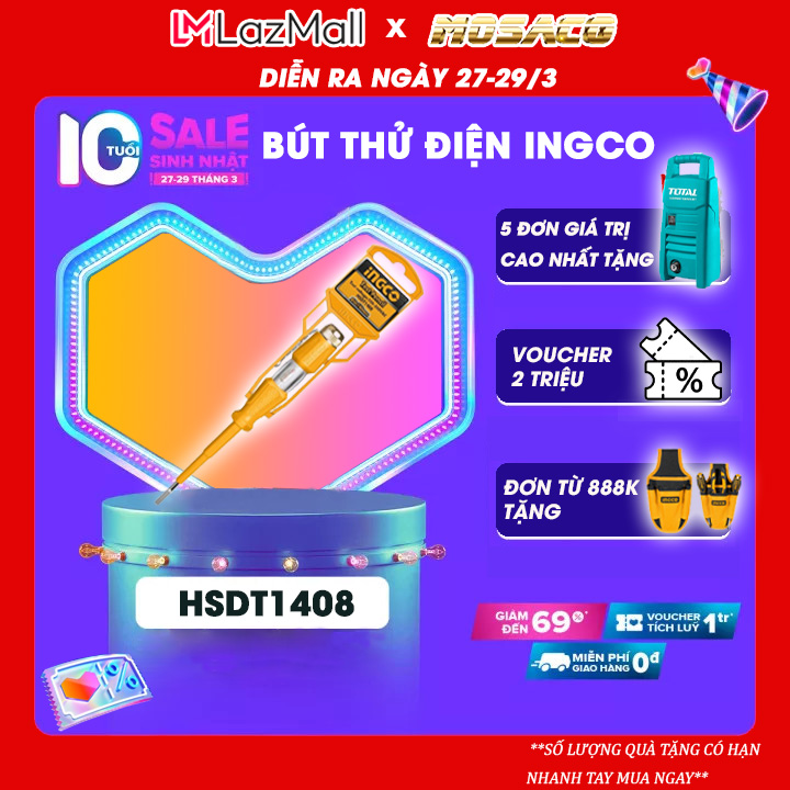 Electric test pen high-grade ingco HSDT1408 100-500V made of superior material impact resistance, excellent heat resistance. Electric test pen with lights with compact design, gentle, convenient easy to use and warranty 6 months-mosaco