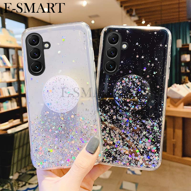 Phone Cover Samsung M35 A35 Back case Glittering Soft Stars Moon Sequins Folding Stand Transparent Silicone Anti Drop For Galaxy A35 M35 Phone cases.