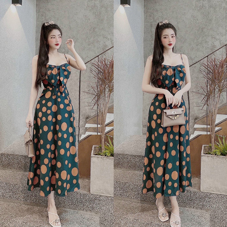 Đầm, Váy Maxi 2 Dây Form Dài In Họa Tiết Chấm Bi