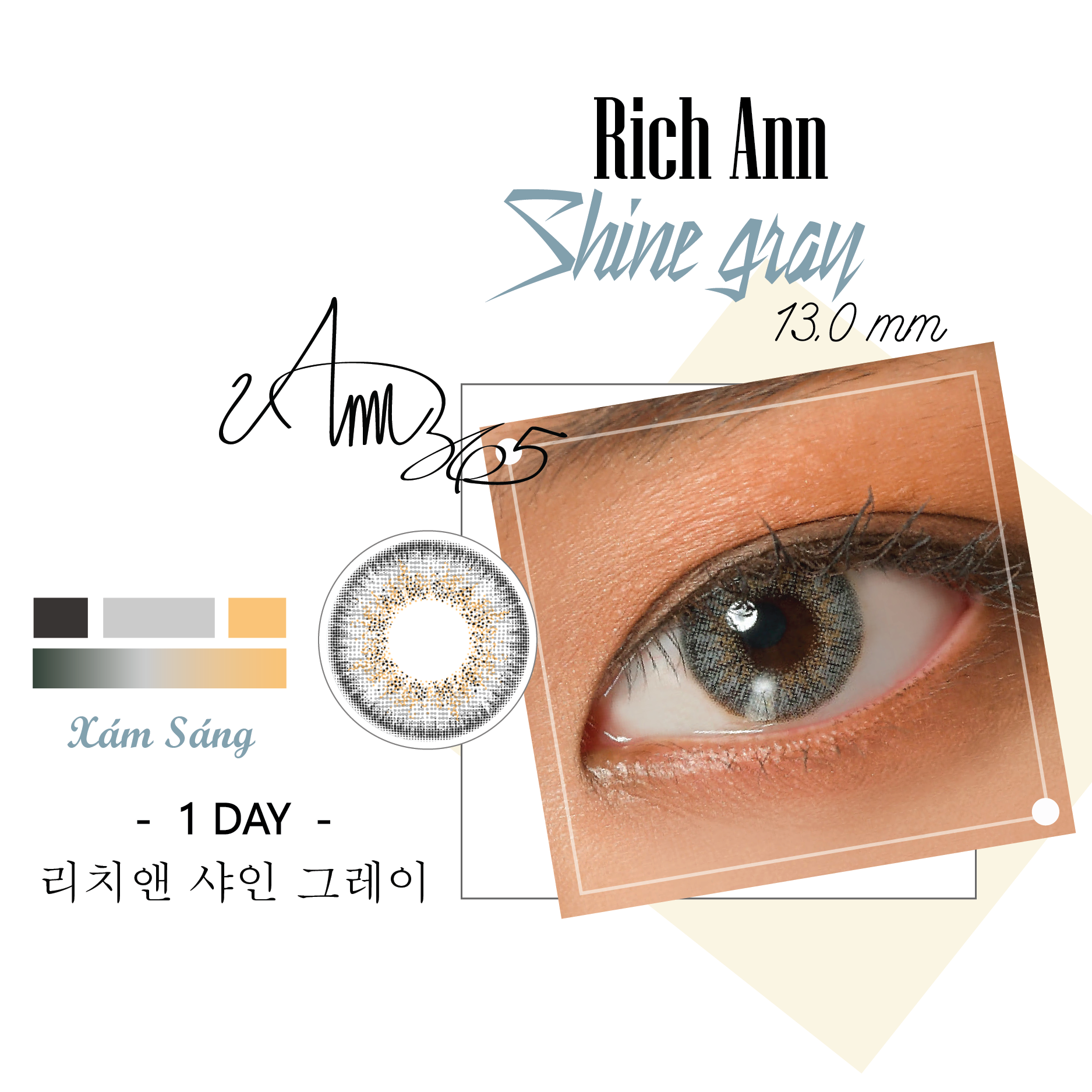 [𝟭 𝗖𝗛𝗜𝗘̂́𝗖] Áp Tròng 0-8 Độ Dùng 1 Lần Dự Tiệc Màu Xám Sáng Shine Gray ANN365 Hàn Quốc (Xám Tây)