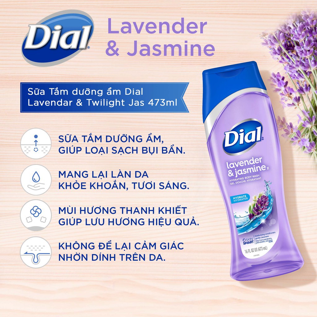 Sữa tắm cấp ẩm và diệt khuẩn Dial Lavender & Jasmine 473ml