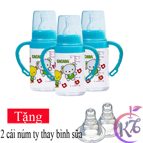 Bộ 3 bình sữa nhựa cổ thường 140ml có tay cầm Cacara Tặng 2 núm ty thay bình sữa - bình sữa cổ hẹp an toàn cho bé