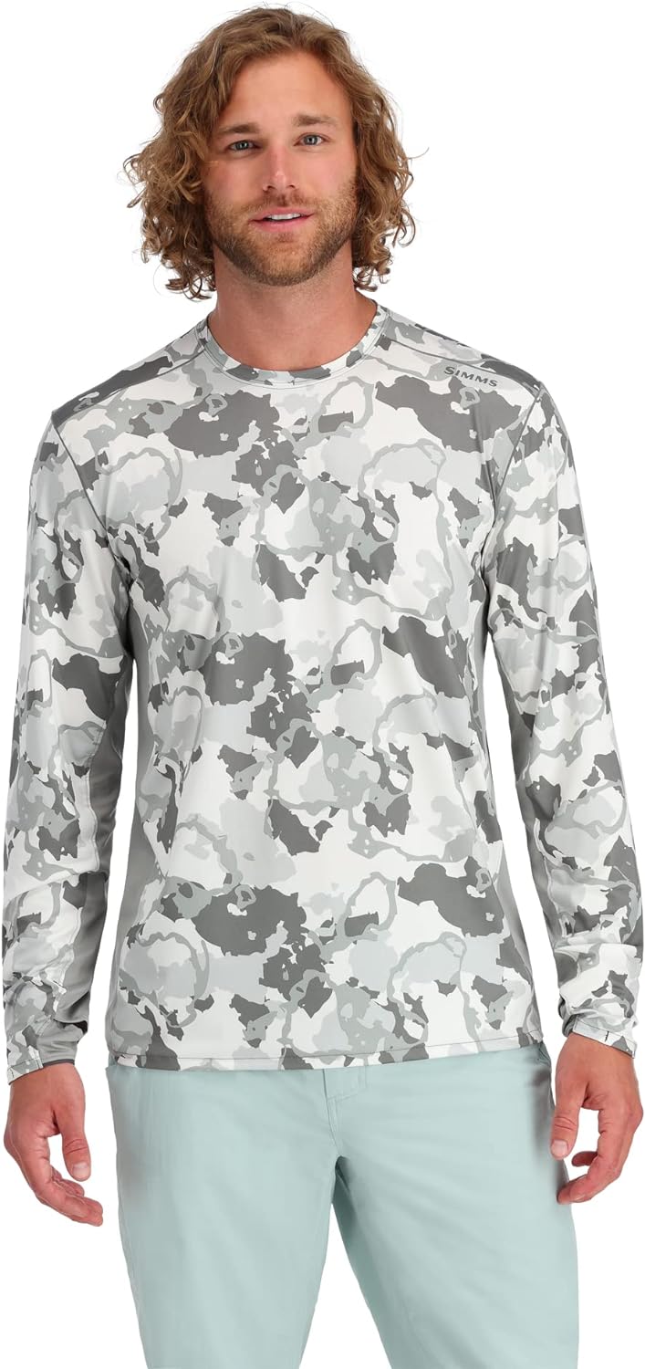 Simms Solarflex LS Crewneck Prints Chemise à Manches Longues Woodland Camo Sandbar