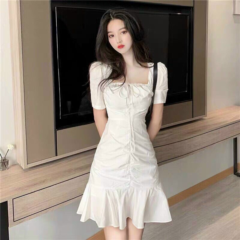Váy Trắng, Váy Nữ, Đầm Nữ Cổ Vuông Đuôi Cá
