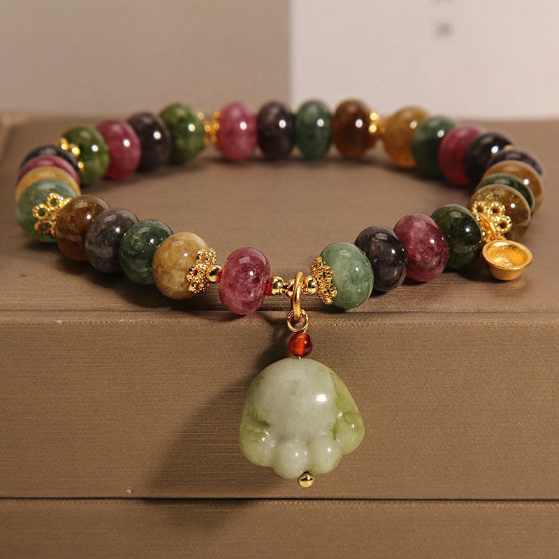 Handmade Beaded Bracelet With Random Colors - Natural Stone Multicolored Cat Paw /Lotus Charm Bracelet For Girlfriend Or Best Friend