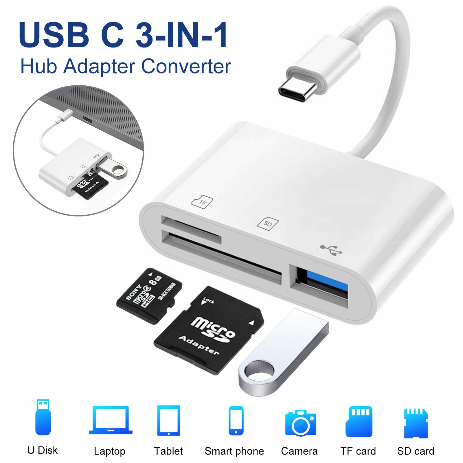 Đầu đọc thẻ micro sd 3 trong 1 loại c sang usb sd đĩa sd/tfu - type-c card reader usb 3.0