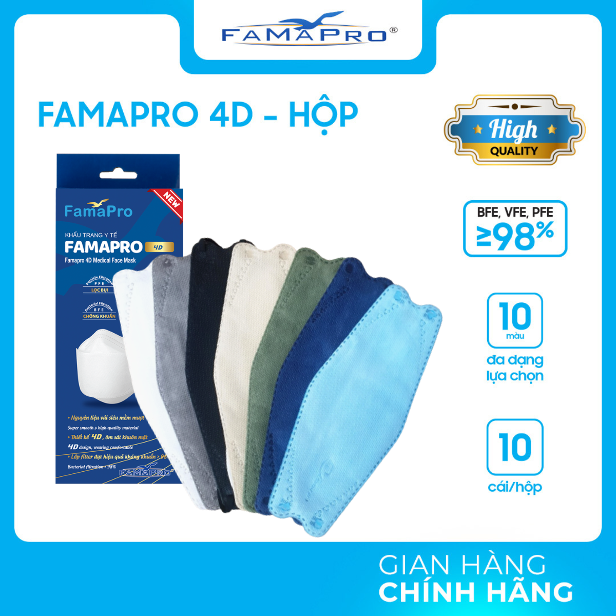 Combo 5 hộp khẩu trang y tế cao cấp kháng khuẩn 3 lớp Famapro 4D KF94 DẠNG HỘP