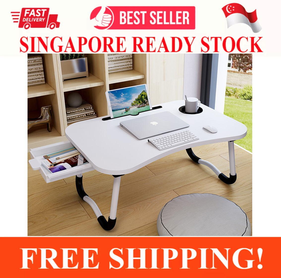 Laptop Bed Tray Table 23.6 Foldable Laptop Desk Writing Black Top White Legs Phone and Cup Holder Gaming and Drawing Lap Desk with Storage Drawer Laptop Stand for Working 