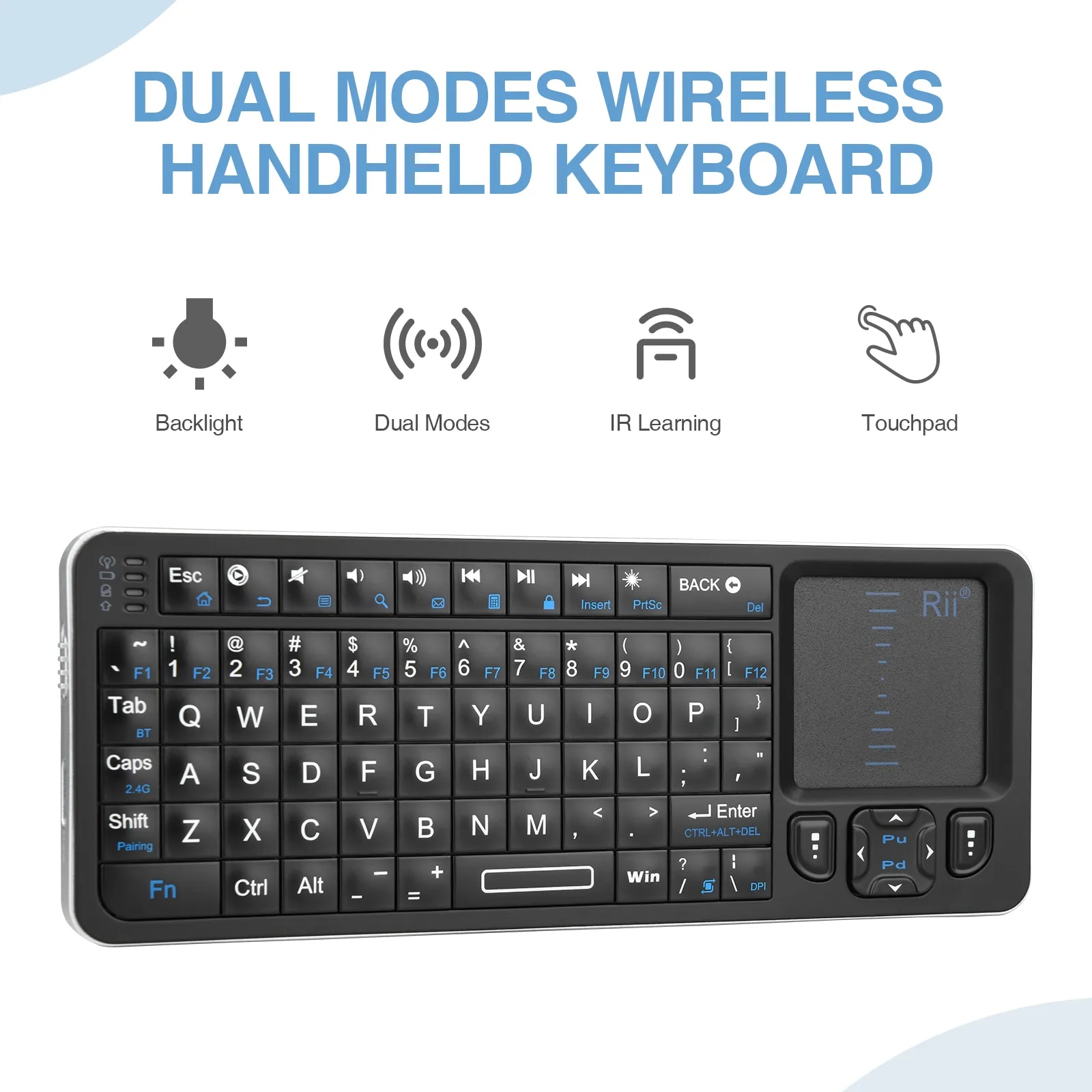 Rii K06 Mini Bluetooth Keyboard,Backlit 2.4Ghz Wireless Keyboard With IR Learning Touchpad Andro TV Box， Mac, Laptop, Windows