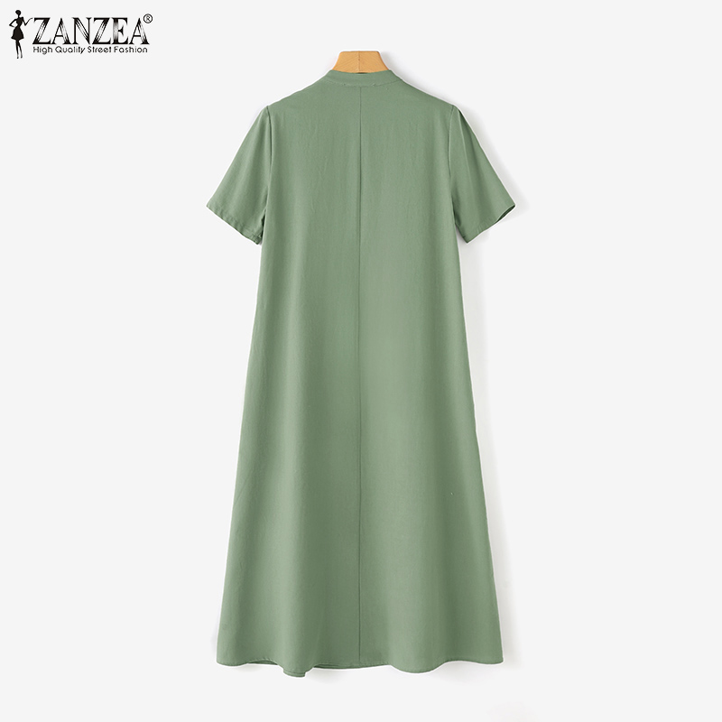 ZANZEA%20Korean%20Style%20Women's%20Dresses%20Vintage%20Casual%20Round%20Neck%20Short%20Sleeve%20Solid%20Color%20Midi%20Dress%20-%20Image%207